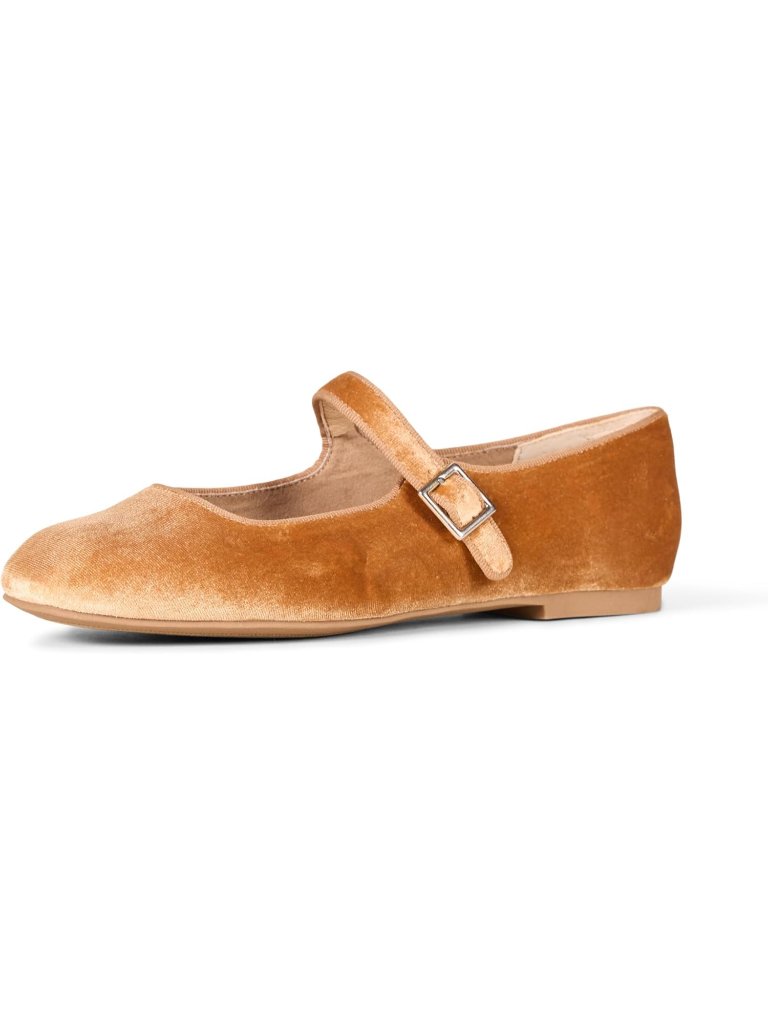 Women's Apricot Orange Velvet Mary Jane Imported Ballet Flat Buckle Strap Shoes